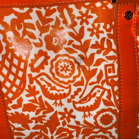 Tory Burch Coated Canvas Floral Orange and White Tote - Picture 8 of 9
